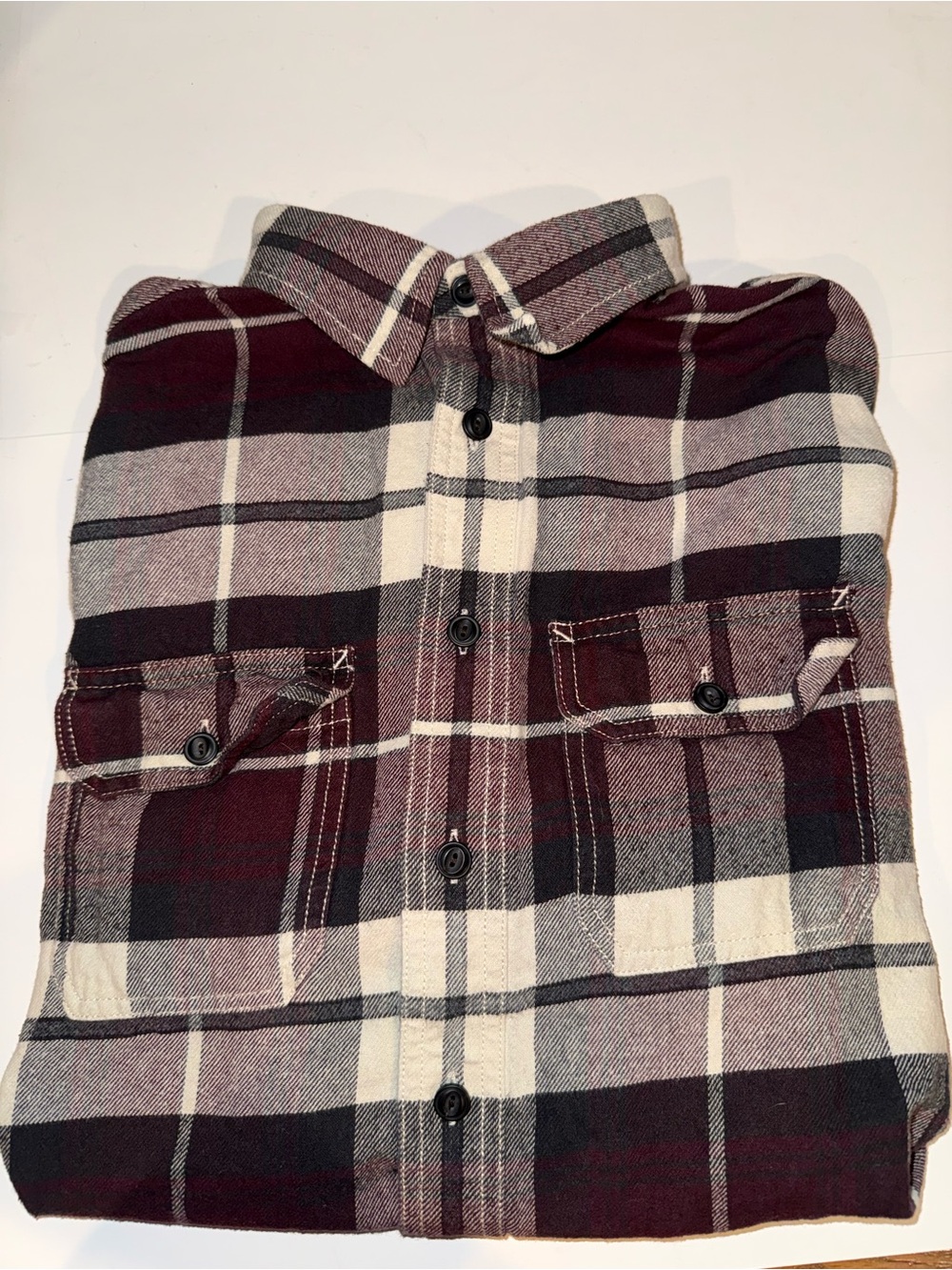 American Eagle Outfitters Burgundy, Black & Cream Plaid FlannelButton-Down Shirt